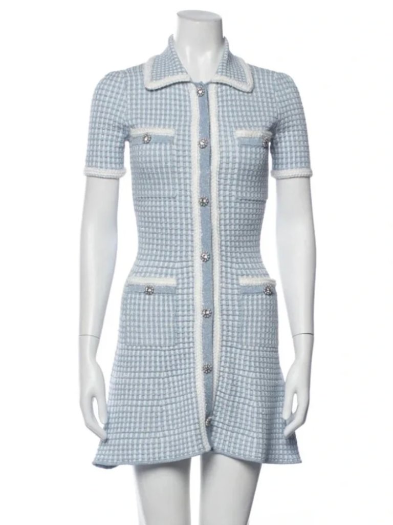Self-Portrait Light Blue And Ivory Tweed Button-Front Mini Dress New